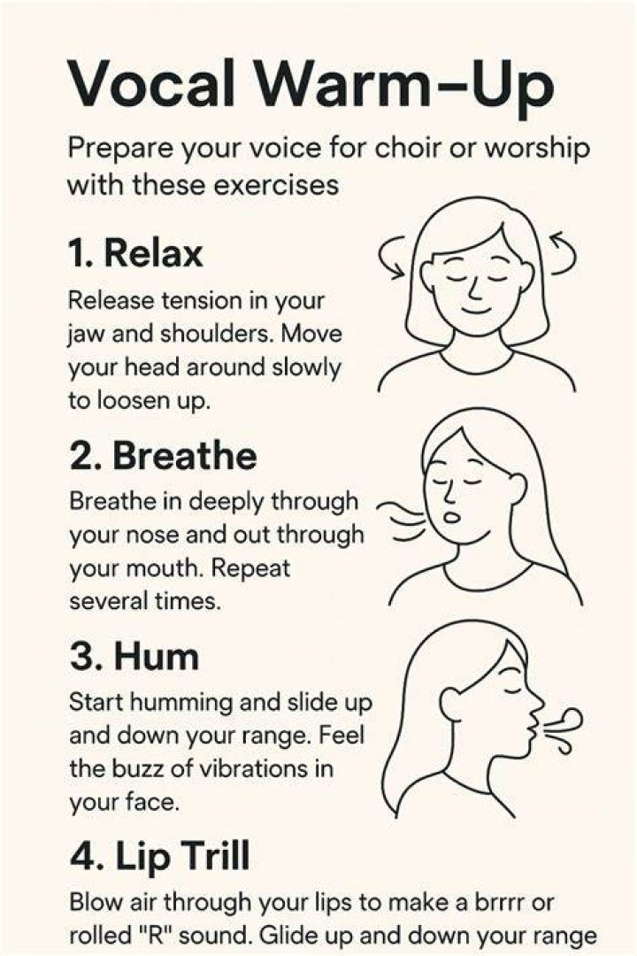 What are the six vocal warm up exercises?